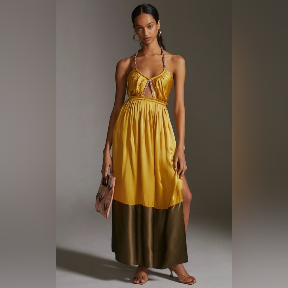 ANTHROPOLOGIE NWT Silk Colorblocked Maxi Dress in Gold— Size 4